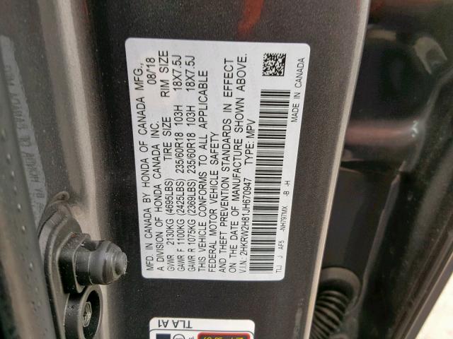 2HKRW2H81JH670947 - 2018 HONDA CR-V EXL GRAY photo 10