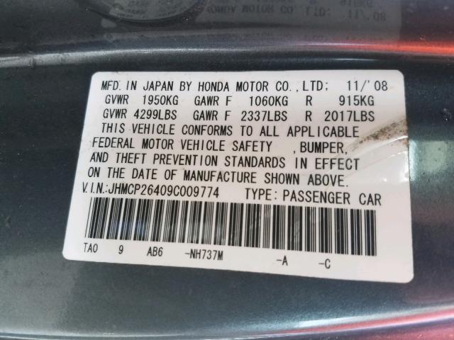 JHMCP26409C009774 - 2009 HONDA ACCORD LXP GRAY photo 10