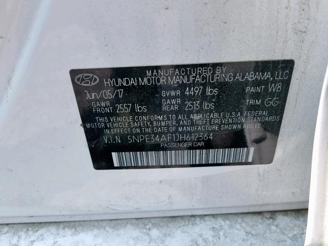 5NPE34AF1JH612364 - 2018 HYUNDAI SONATA SPO WHITE photo 10