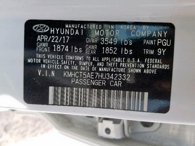 KMHCT5AE7HU342332 - 2017 HYUNDAI ACCENT SE WHITE photo 10