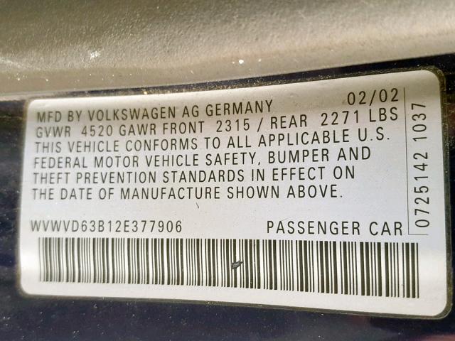 WVWVD63B12E377906 - 2002 VOLKSWAGEN PASSAT GLS BLUE photo 10