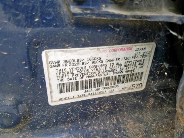 JA3AJ26E73U028535 - 2003 MITSUBISHI LANCER ES BLUE photo 10