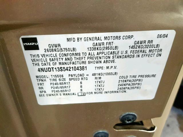 4NUDT13S542104381 - 2004 ISUZU ASCENDER S 金色 照片 10