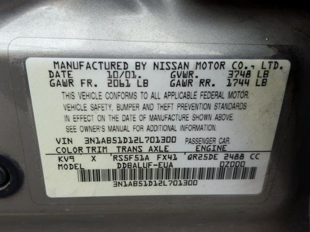 3N1AB51D12L701300 - 2002 NISSAN SENTRA SE- SILVER photo 10