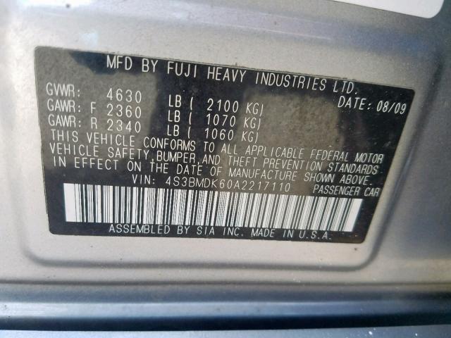 4S3BMDK60A2217110 - 2010 SUBARU LEGACY 3.6 SILVER photo 10