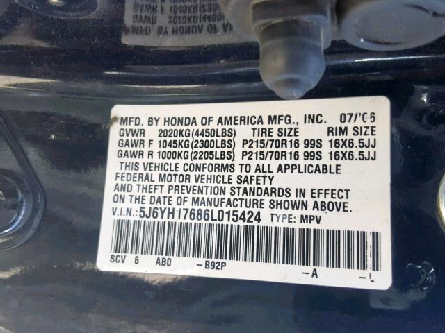 5J6YH17686L015424 - 2006 HONDA ELEMENT EX BLACK photo 10