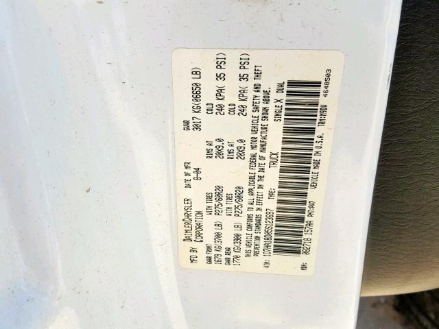 1D7HA18D05S123697 - 2005 DODGE RAM 1500 S WHITE photo 10