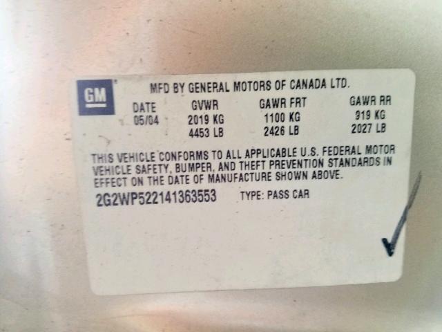 2G2WP522141363553 - 2004 PONTIAC GRAND PRIX TAN photo 10