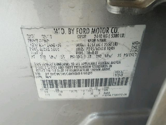 2FMDK3KC0BBB11620 - 2011 FORD EDGE LIMIT SILVER photo 10