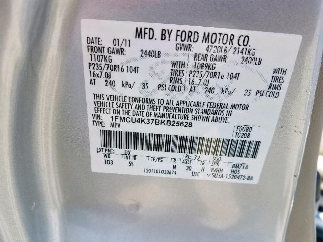 1FMCU4K37BKB25628 - 2011 FORD ESCAPE HYB SILVER photo 10