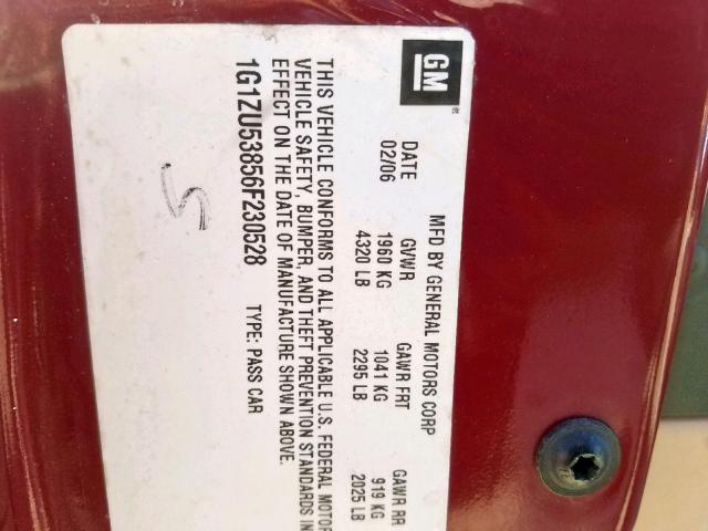 1G1ZU53856F230528 - 2006 CHEVROLET MALIBU LTZ ბურგუნდია ფოტო 10