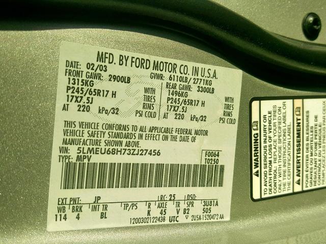 5LMEU68H73ZJ27456 - 2003 LINCOLN AVIATOR 银色 照片 10