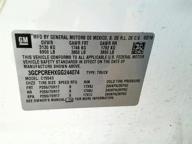 3GCPCREHXGG244074 - 2016 CHEVROLET SILVERADO WHITE photo 10