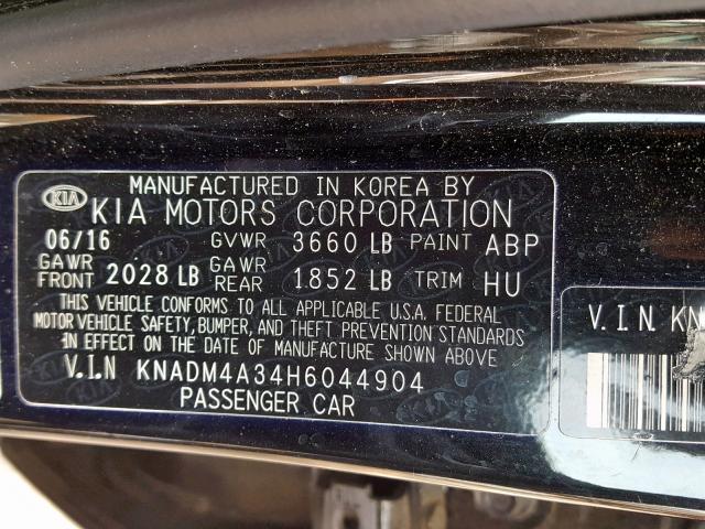 KNADM4A34H6044904 - 2017 KIA RIO LX BLACK photo 10