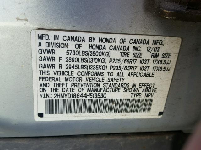 2HNYD18644H513530 - 2004 ACURA MDX TOURIN SILVER photo 10