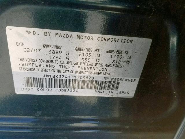 JM1BK324171709870 - 2007 MAZDA 3 S BLUE photo 10