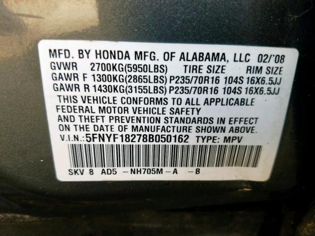 5FNYF18278B050162 - 2008 HONDA PILOT VP GRAY photo 10