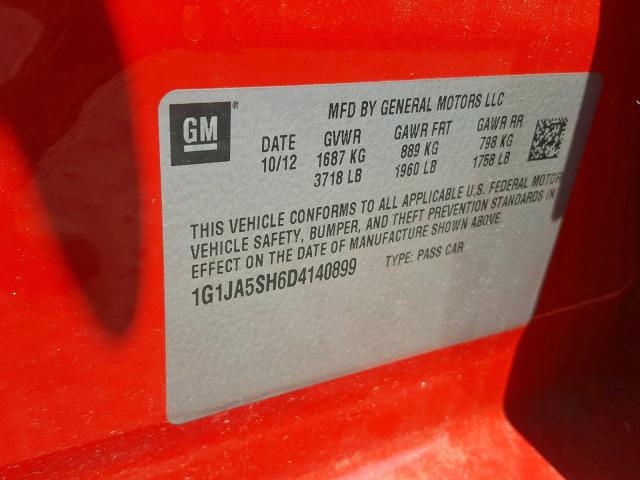 1G1JA5SH6D4140899 - 2013 CHEVROLET SONIC LS 红色 照片 10