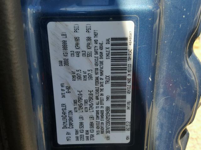 3B7KF236X2M294980 - 2002 DODGE RAM 2500 BLUE photo 10