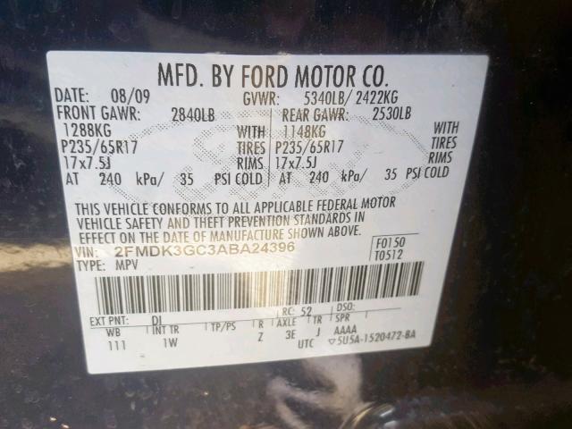 2FMDK3GC3ABA24396 - 2010 FORD EDGE SE BLACK photo 10