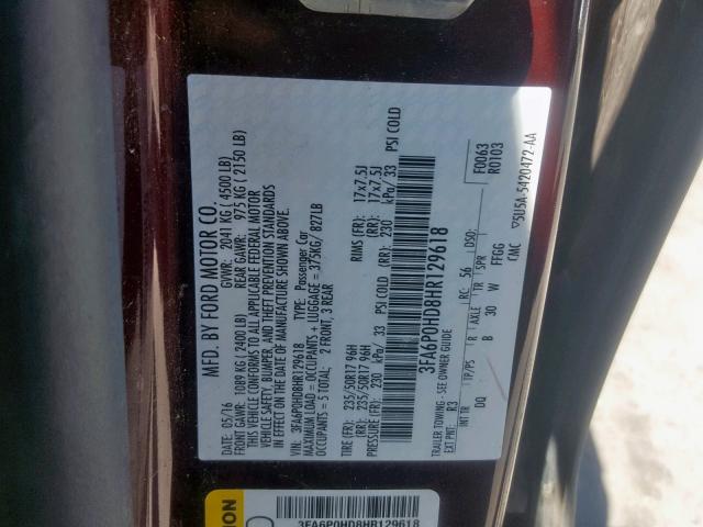 3FA6P0HD8HR129618 - 2017 FORD FUSION SE MAROON photo 10