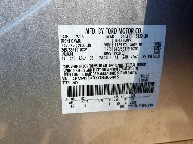 2FMPK3K9XGBB06465 - 2016 FORD EDGE TITAN SILVER photo 10