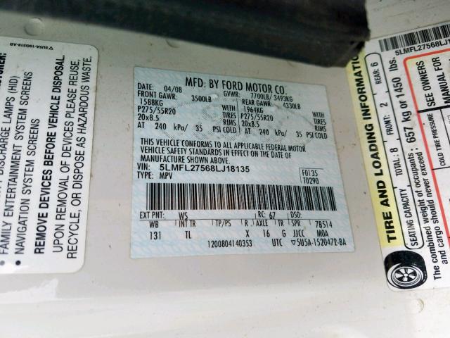 5LMFL27568LJ18135 - 2008 LINCOLN NAVIGATOR WHITE photo 10