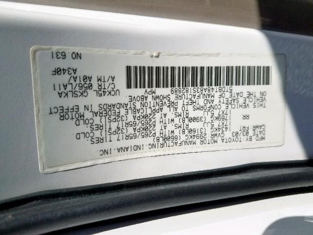 5TDBT48A83S182889 - 2003 TOYOTA SEQUOIA LI WHITE photo 10