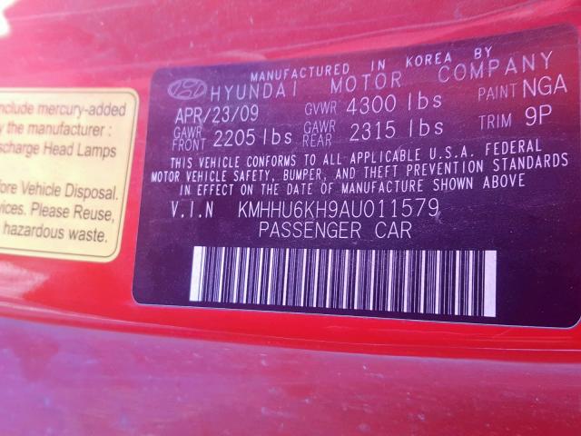 KMHHU6KH9AU011579 - 2010 HYUNDAI GENESIS CO RED photo 10