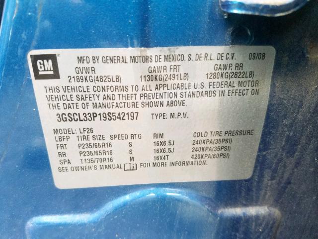 3GSCL33P19S542197 - 2009 SATURN VUE XE BLUE photo 10