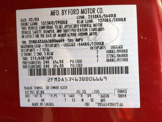 2FMDA53463BB06669 - 2003 FORD WINDSTAR S RED photo 10