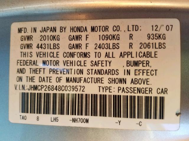 JHMCP26848C039572 - 2008 HONDA ACCORD EXL SILVER photo 10