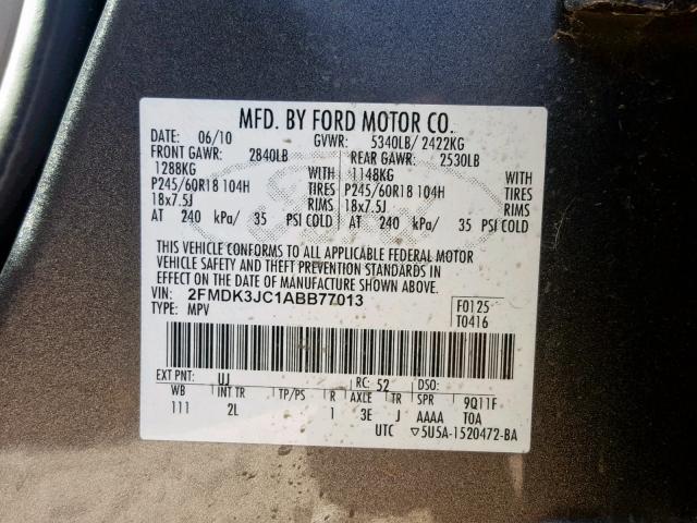 2FMDK3JC1ABB77013 - 2010 FORD EDGE SEL GRAY photo 10