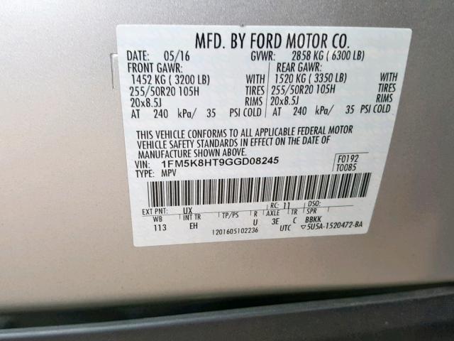 1FM5K8HT9GGD08245 - 2016 FORD EXPLORER P SILVER photo 10