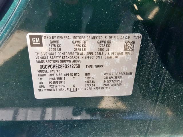 3GCPCREC8FG212758 - 2015 CHEVROLET SILVERADO GREEN photo 10