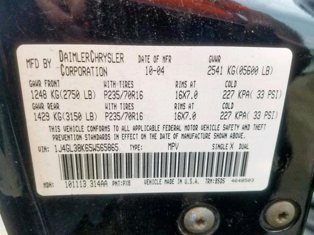 1J4GL38K65W565865 - 2005 JEEP LIBERTY RE Qara foto 10