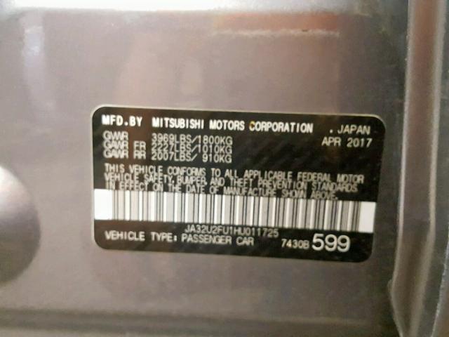 JA32U2FU1HU011725 - 2017 MITSUBISHI LANCER ES GRAY photo 10