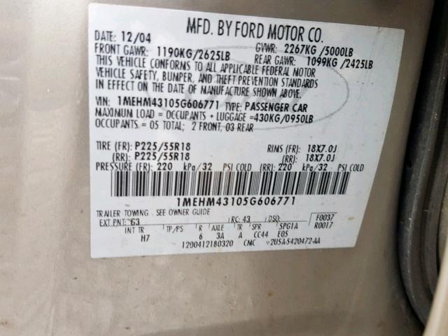 1MEHM43105G606771 - 2005 MERCURY MONTEGO PR 金色 照片 10