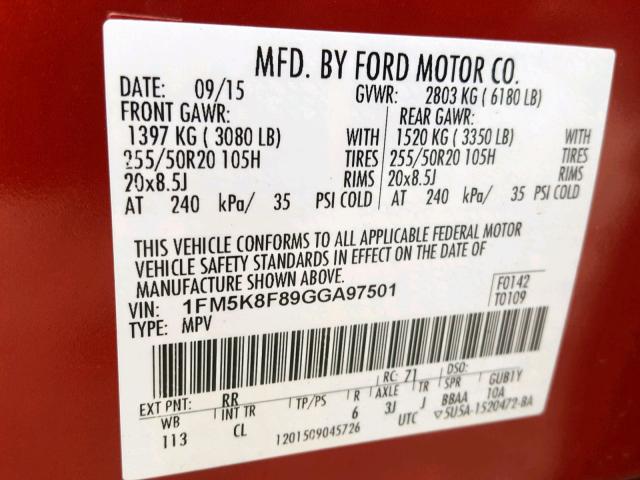 1FM5K8F89GGA97501 - 2016 FORD EXPLORER L RED photo 10