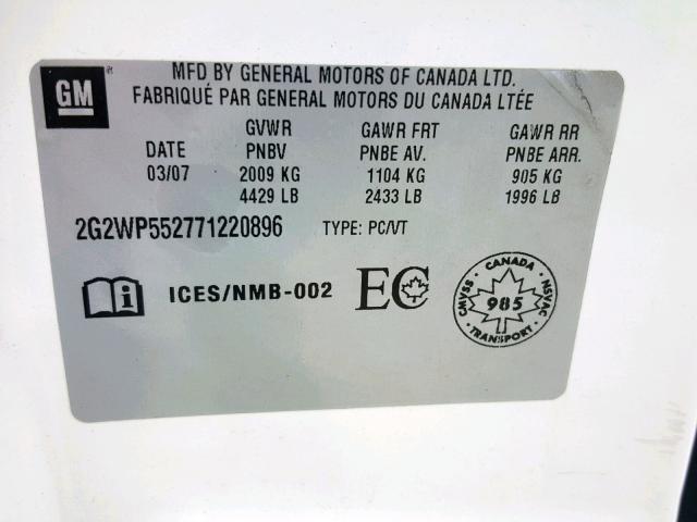 2G2WP552771220896 - 2007 PONTIAC GRAND PRIX WHITE photo 10