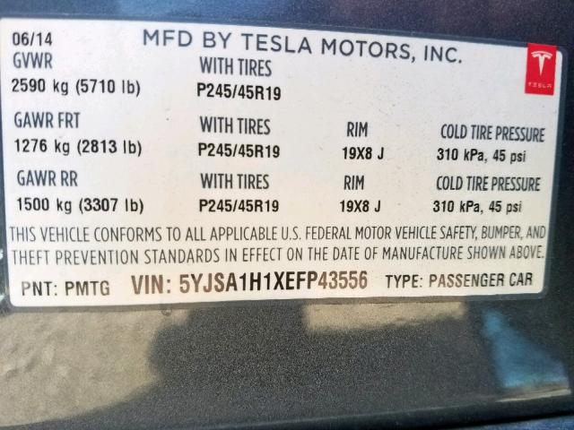 5YJSA1H1XEFP43556 - 2014 TESLA MODEL S ნაცრისფერი ფოტო 10