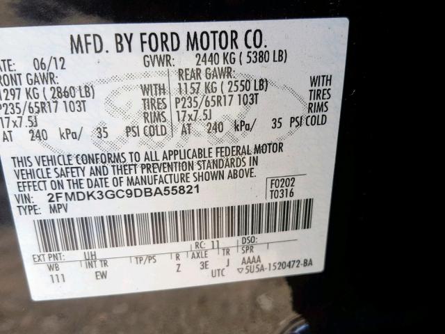 2FMDK3GC9DBA55821 - 2013 FORD EDGE SE BLACK photo 10