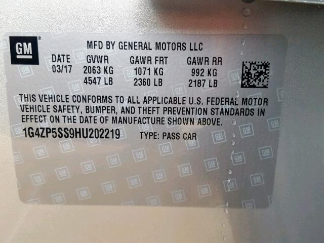 1G4ZP5SS9HU202219 - 2017 BUICK LACROSSE E GRAY photo 10