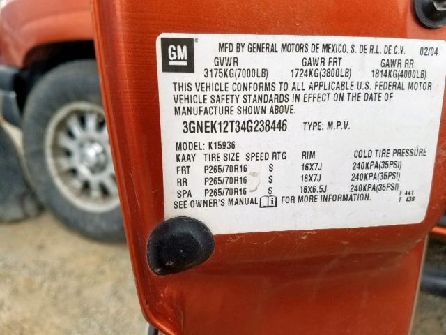 3GNEK12T34G238446 - 2004 CHEVROLET AVALANCHE ORANGE photo 10