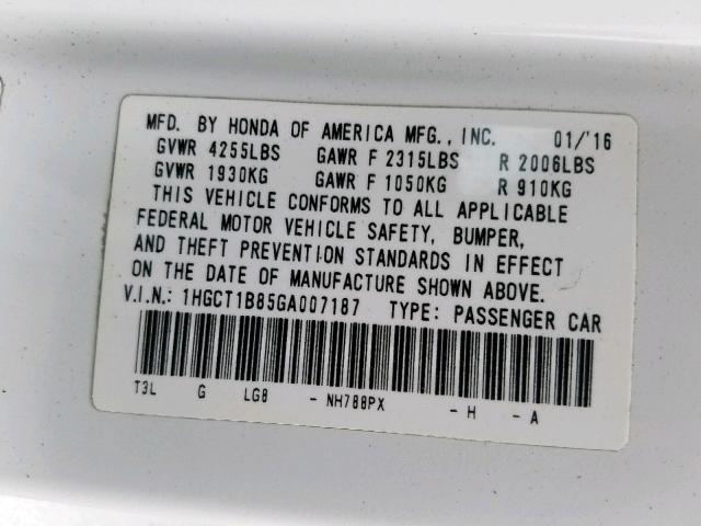 1HGCT1B85GA007187 - 2016 HONDA ACCORD EXL WHITE photo 10