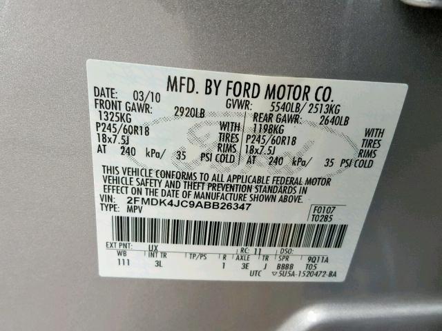 2FMDK4JC9ABB26347 - 2010 FORD EDGE SEL SILVER photo 10