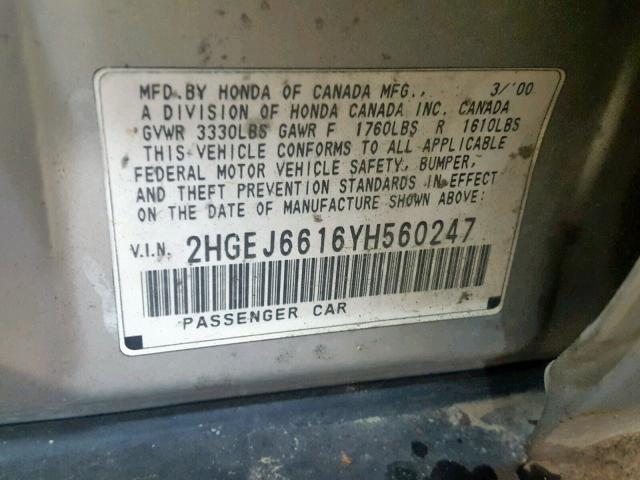 2HGEJ6616YH560247 - 2000 HONDA CIVIC BASE SILVER photo 10