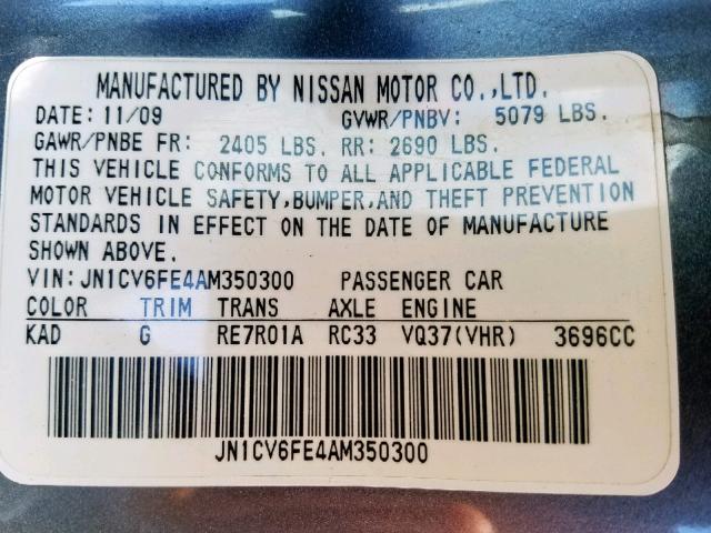 JN1CV6FE4AM350300 - 2010 INFINITI G37 BASE GRAY photo 10