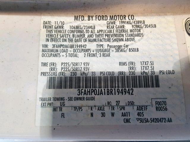 3FAHP0JA1BR194942 - 2011 FORD FUSION SEL WHITE photo 10