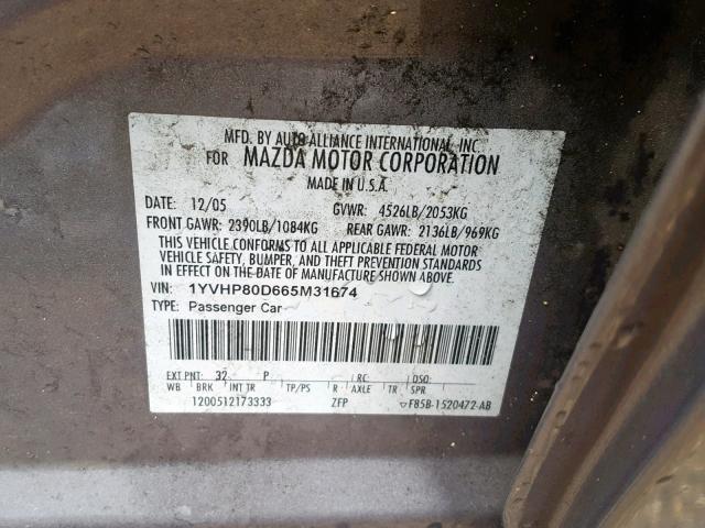 1YVHP80D665M31674 - 2006 MAZDA 6 S CHARCOAL photo 10